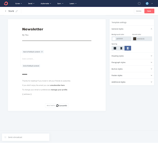 ConvertKit's email design interface 